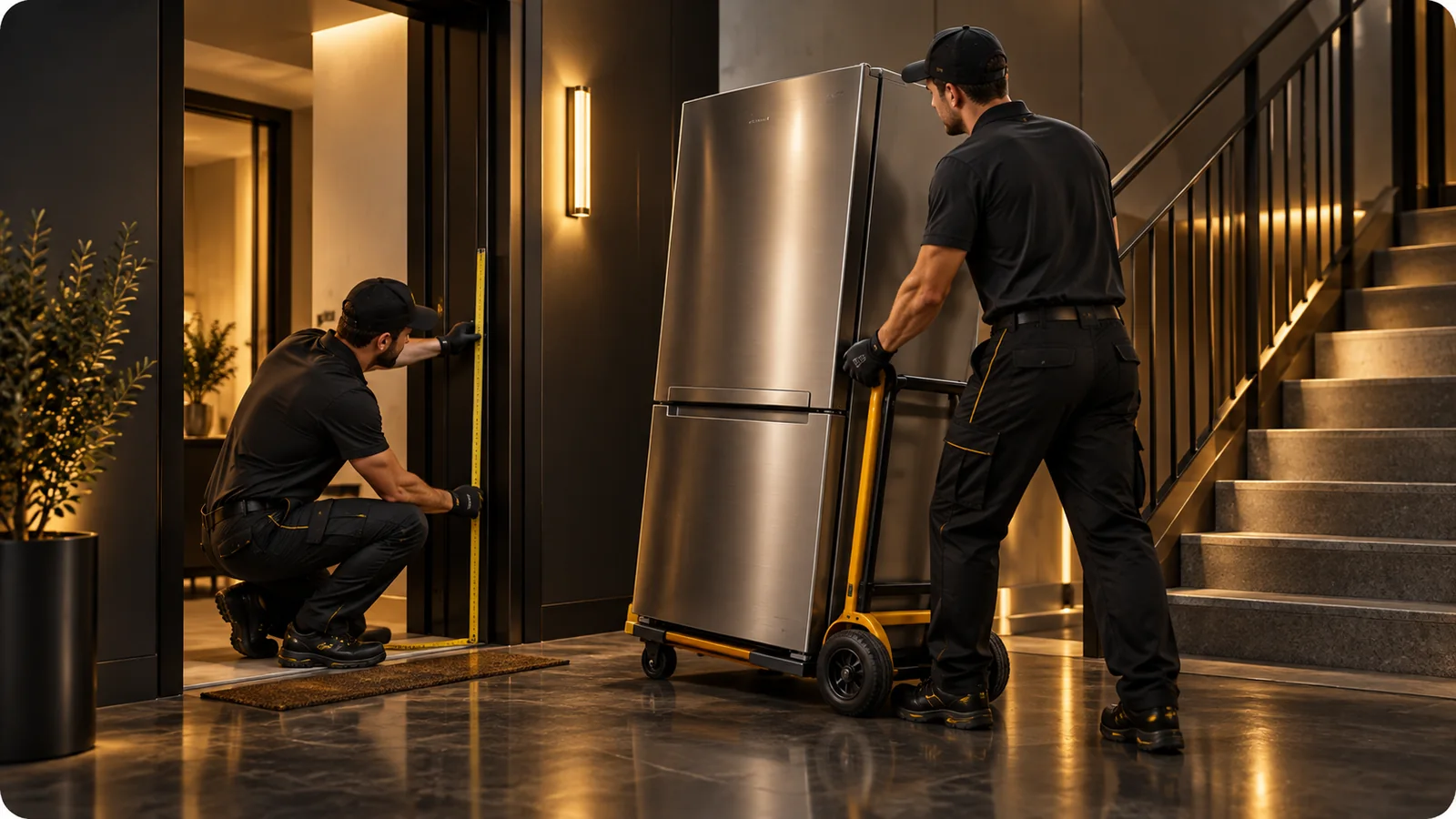 Verifica di porte, scale e accessi prima della consegna di un frigorifero