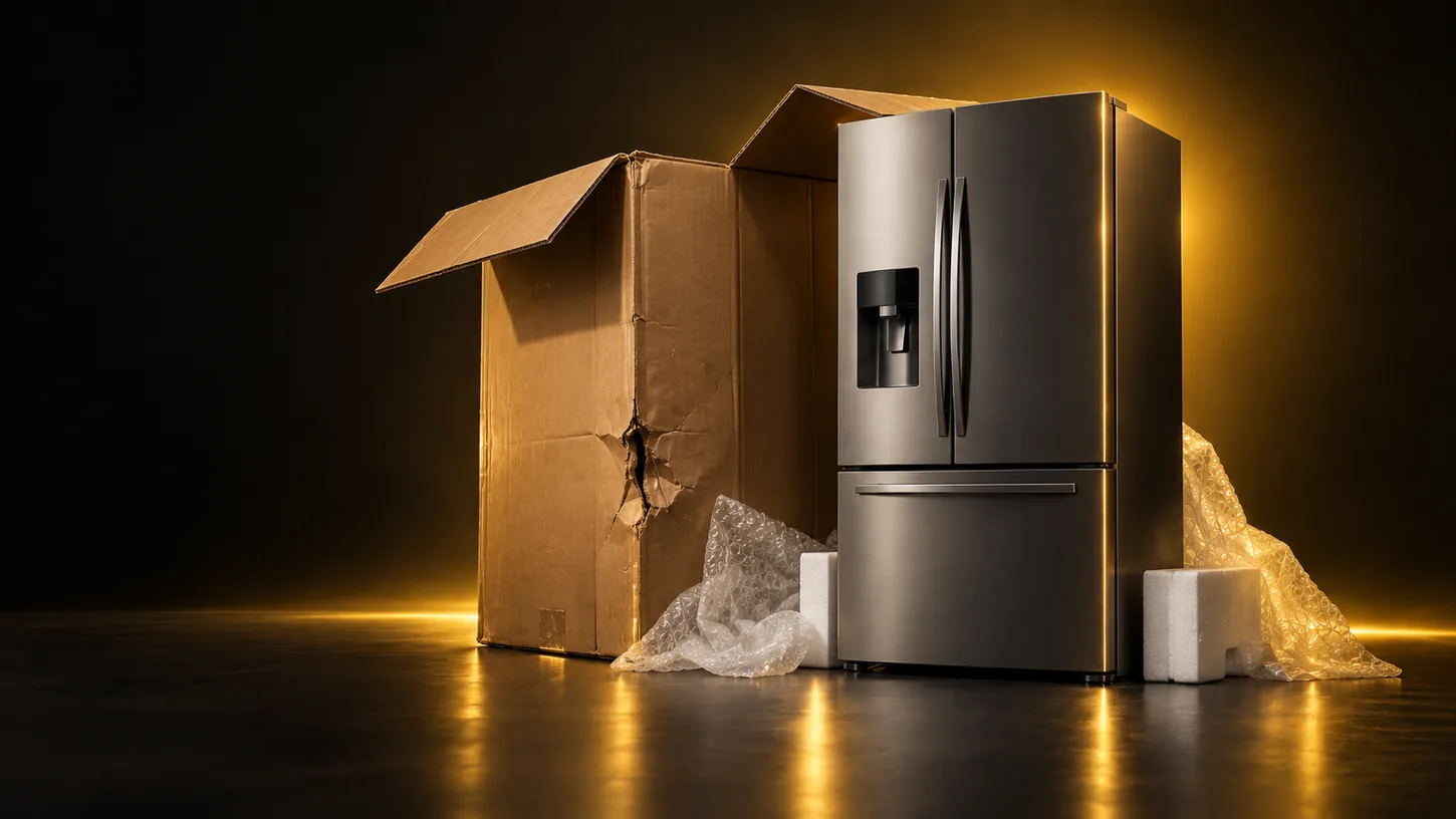 Frigorifero integro con imballo aperto e danneggiato, esempio di prodotto open-box