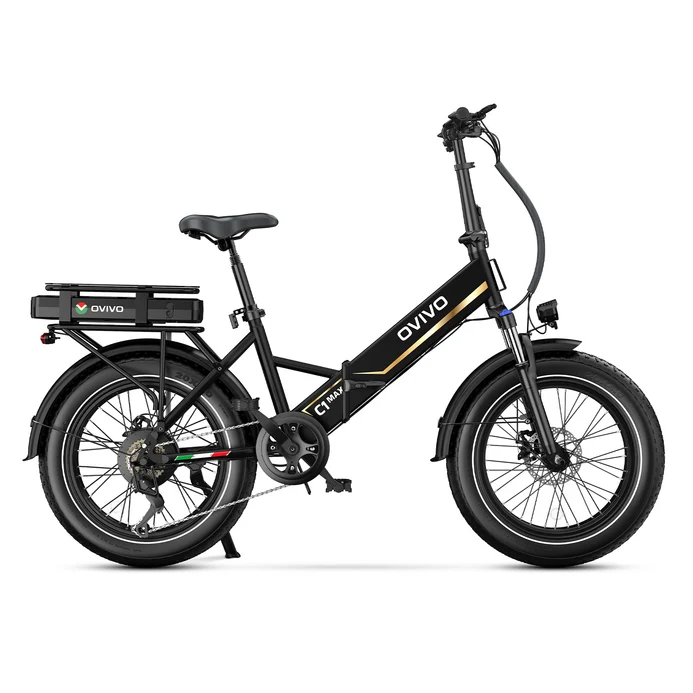 OVIVO C1 MAX DUAL BATTERY BLACK - Fat Bike elettrica pieghevole con doppia batteria, motore Bafang 250W e autonomia fino a 140 km.
